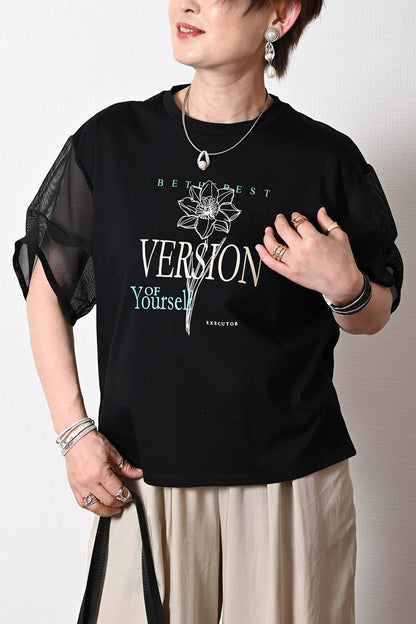 洗練された艶と清涼感！シルケットコットン メッシュスリーブ グラフィックTシャツ