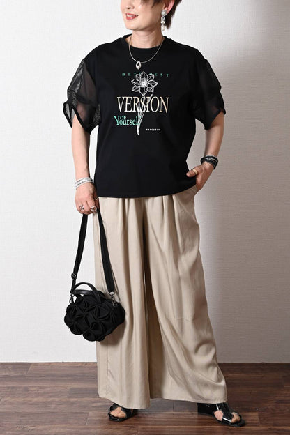 洗練された艶と清涼感！シルケットコットン メッシュスリーブ グラフィックTシャツ