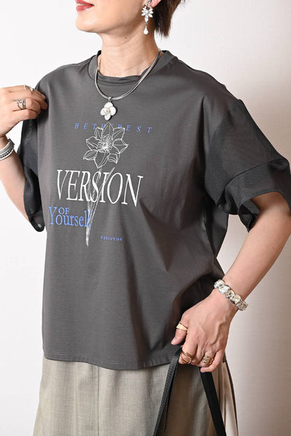 洗練された艶と清涼感！シルケットコットン メッシュスリーブ グラフィックTシャツ