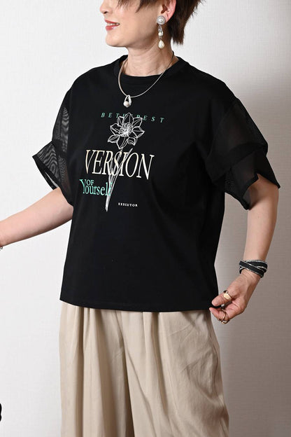 洗練された艶と清涼感！シルケットコットン メッシュスリーブ グラフィックTシャツ