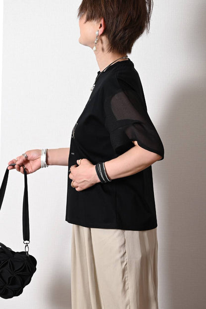洗練された艶と清涼感！シルケットコットン メッシュスリーブ グラフィックTシャツ