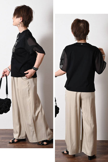 洗練された艶と清涼感！シルケットコットン メッシュスリーブ グラフィックTシャツ