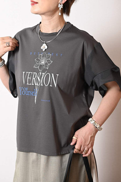 立体フリルペプラムベスト+メッシュスリーブ グラフィックTシャツ２点セットコーデ