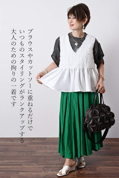 立体フリルペプラムベスト+メッシュスリーブ グラフィックTシャツ２点セットコーデ