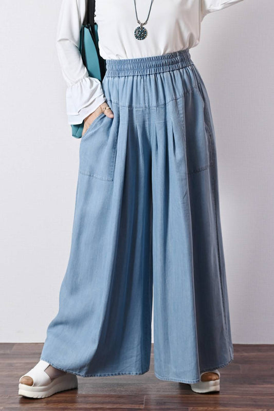 脚長高身長さん向けウエストゴム タックワイドデニムパンツ