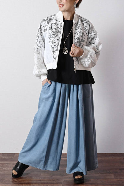 脚長高身長さん向けウエストゴム タックワイドデニムパンツ