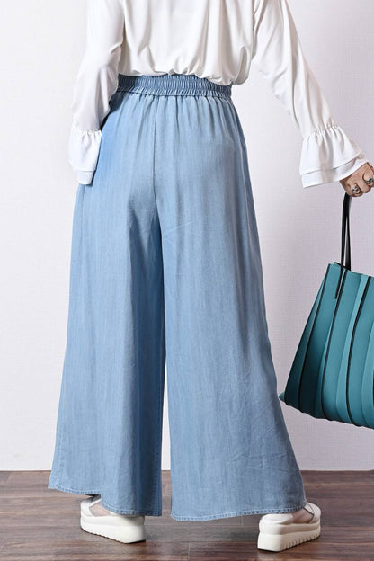 脚長高身長さん向けウエストゴム タックワイドデニムパンツ