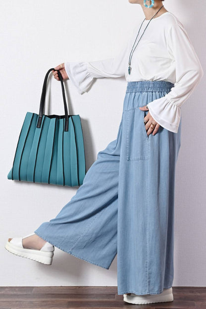 脚長高身長さん向けウエストゴム タックワイドデニムパンツ