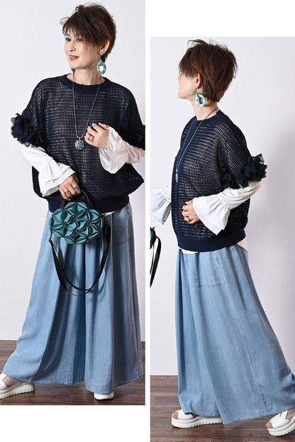 脚長高身長さん向けウエストゴム タックワイドデニムパンツ