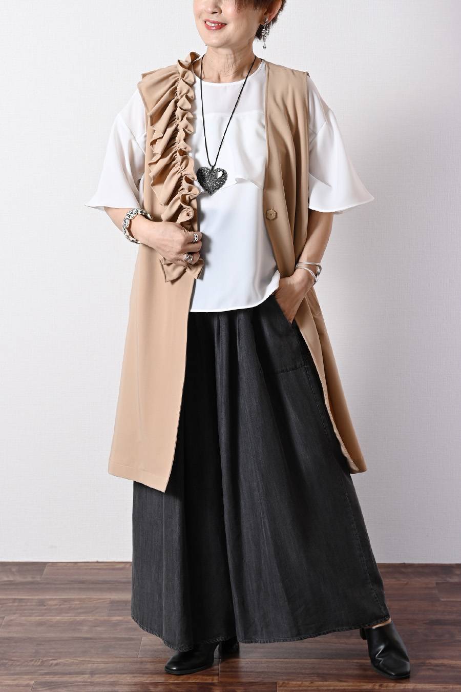 脚長高身長さん向けウエストゴム タックワイドデニムパンツ