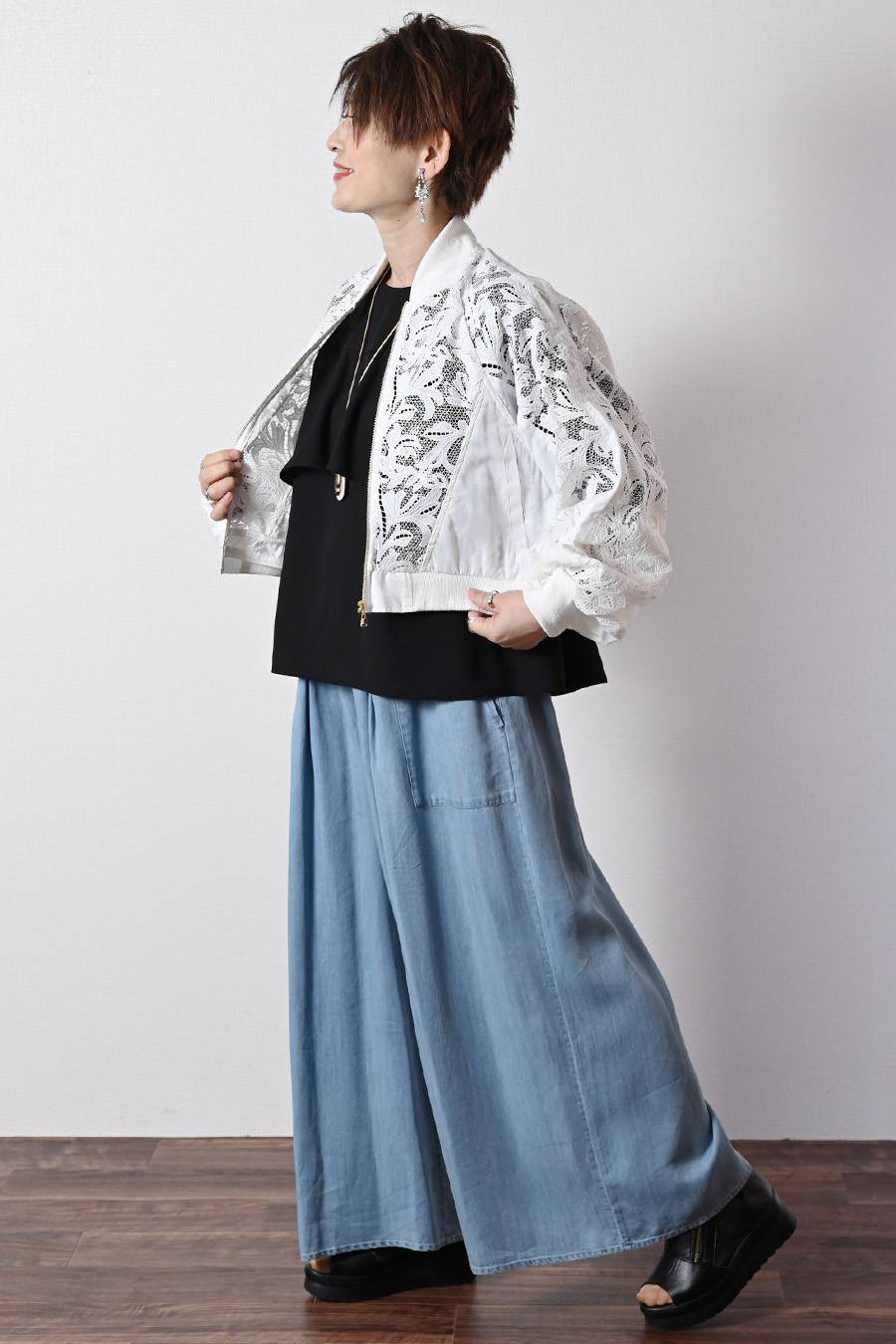 脚長高身長さん向けウエストゴム タックワイドデニムパンツ