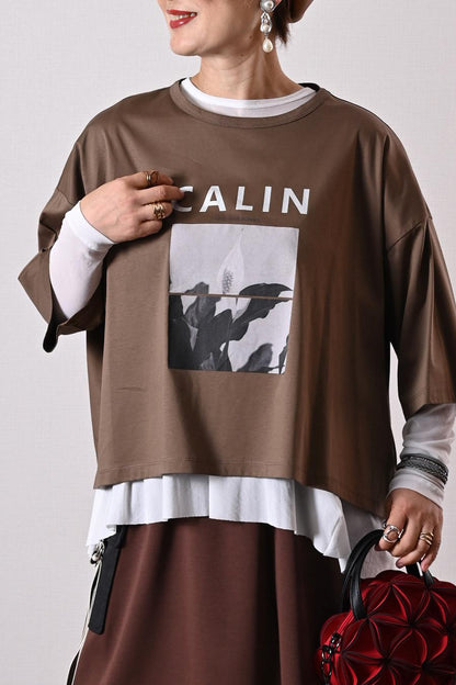 リラックスシルエット！フォトプリント ドロップショルダー七分袖カットソー