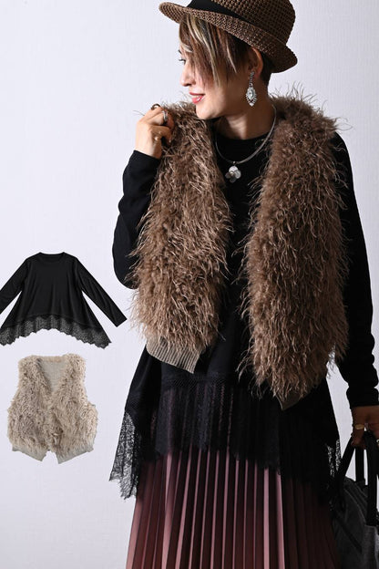ゴージャスレースプルオーバー＋ボリュームファーニット切替ベスト２点セットコーデ【10/11迄10,692円OFF】