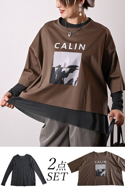 シルケットコットン フォトプリント ドロップショルダー七分袖Tシャツ + バックギャザー切替 カットオフチュールプルオーバー