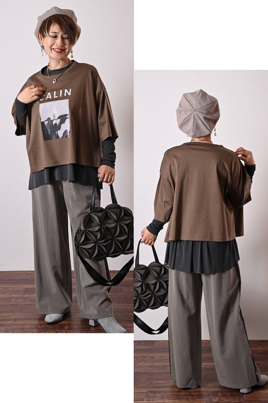シルケットコットン フォトプリント ドロップショルダー七分袖Tシャツ + バックギャザー切替 カットオフチュールプルオーバー