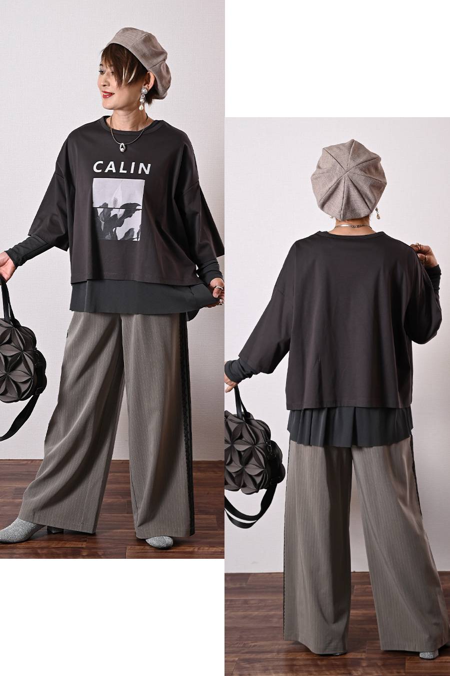 シルケットコットン フォトプリント ドロップショルダー七分袖Tシャツ + バックギャザー切替 カットオフチュールプルオーバー