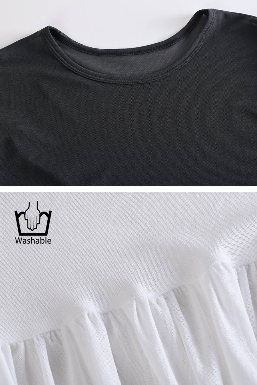 シルケットコットン フォトプリント ドロップショルダー七分袖Tシャツ + バックギャザー切替 カットオフチュールプルオーバー