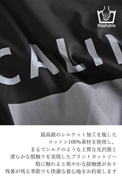 シルケットコットン フォトプリント ドロップショルダー七分袖Tシャツ + バックギャザー切替 カットオフチュールプルオーバー