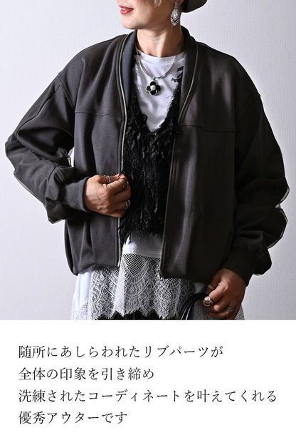 立体感バックスタイル！袖チュールタック＆ギャザーデザイン ジップブルゾン【10/11迄6,682円OFF】