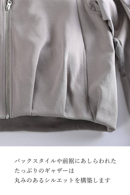 立体感バックスタイル！袖チュールタック＆ギャザーデザイン ジップブルゾン【10/11迄6,682円OFF】
