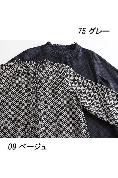 バックサテン風プリント ボウタイ付きブラウス