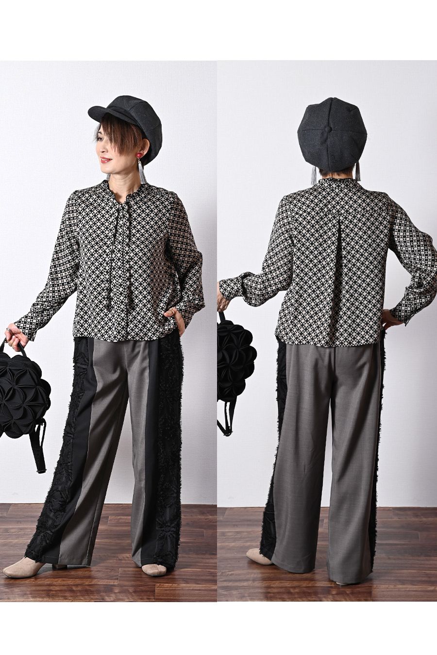 バックサテン風プリント ボウタイ付きブラウス