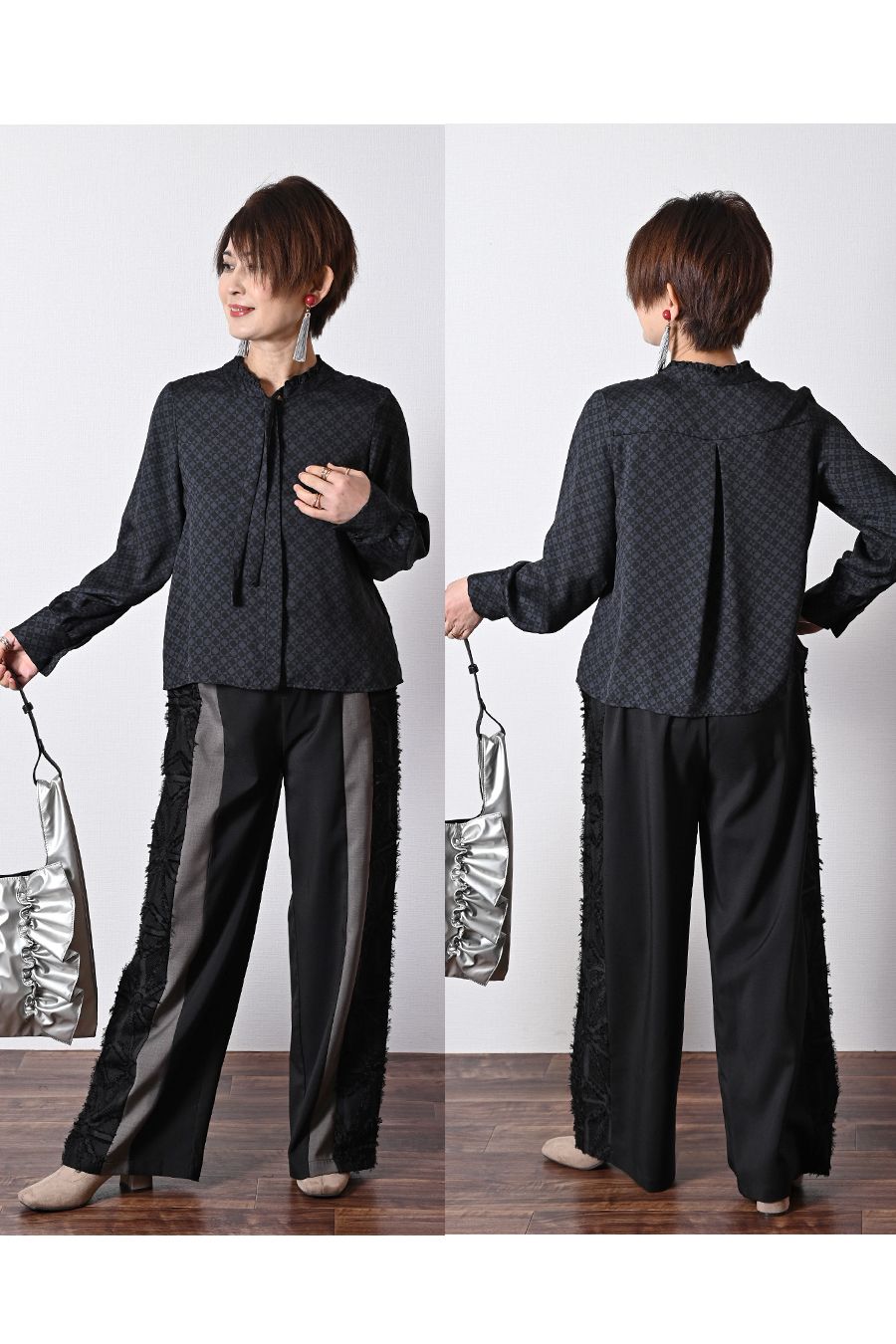 バックサテン風プリント ボウタイ付きブラウス