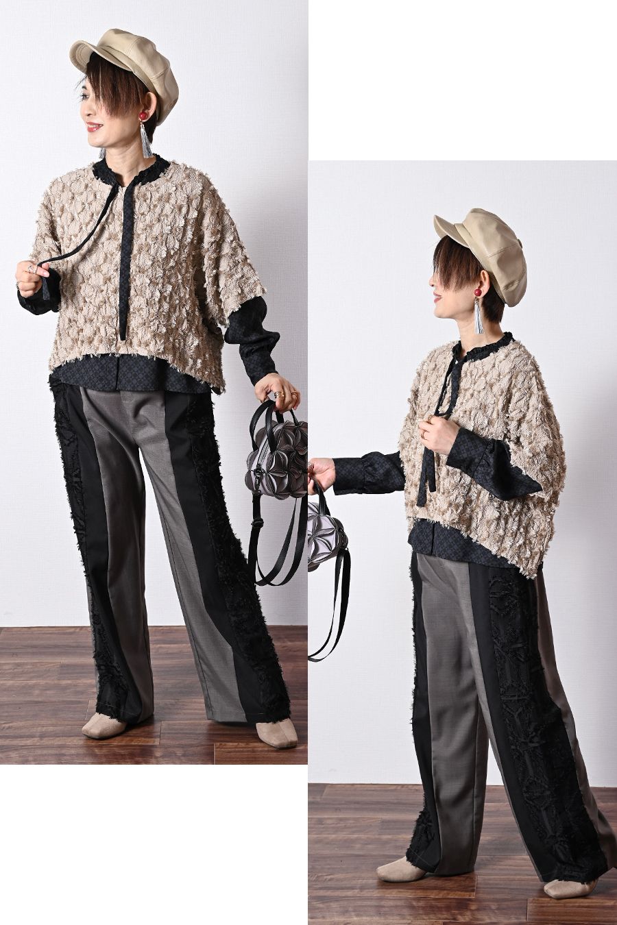 バックサテン風プリント ボウタイ付きブラウス