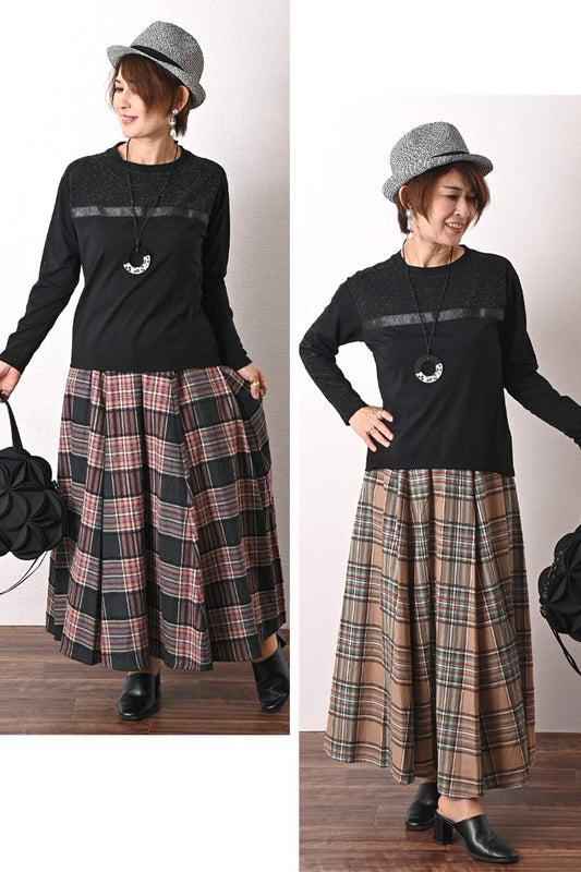 美光沢切り替えプルオーバー+モールチェックスカート2点セットコーデ