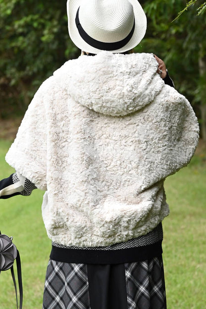 クラッシュファーフーデッド５分袖ジャケット