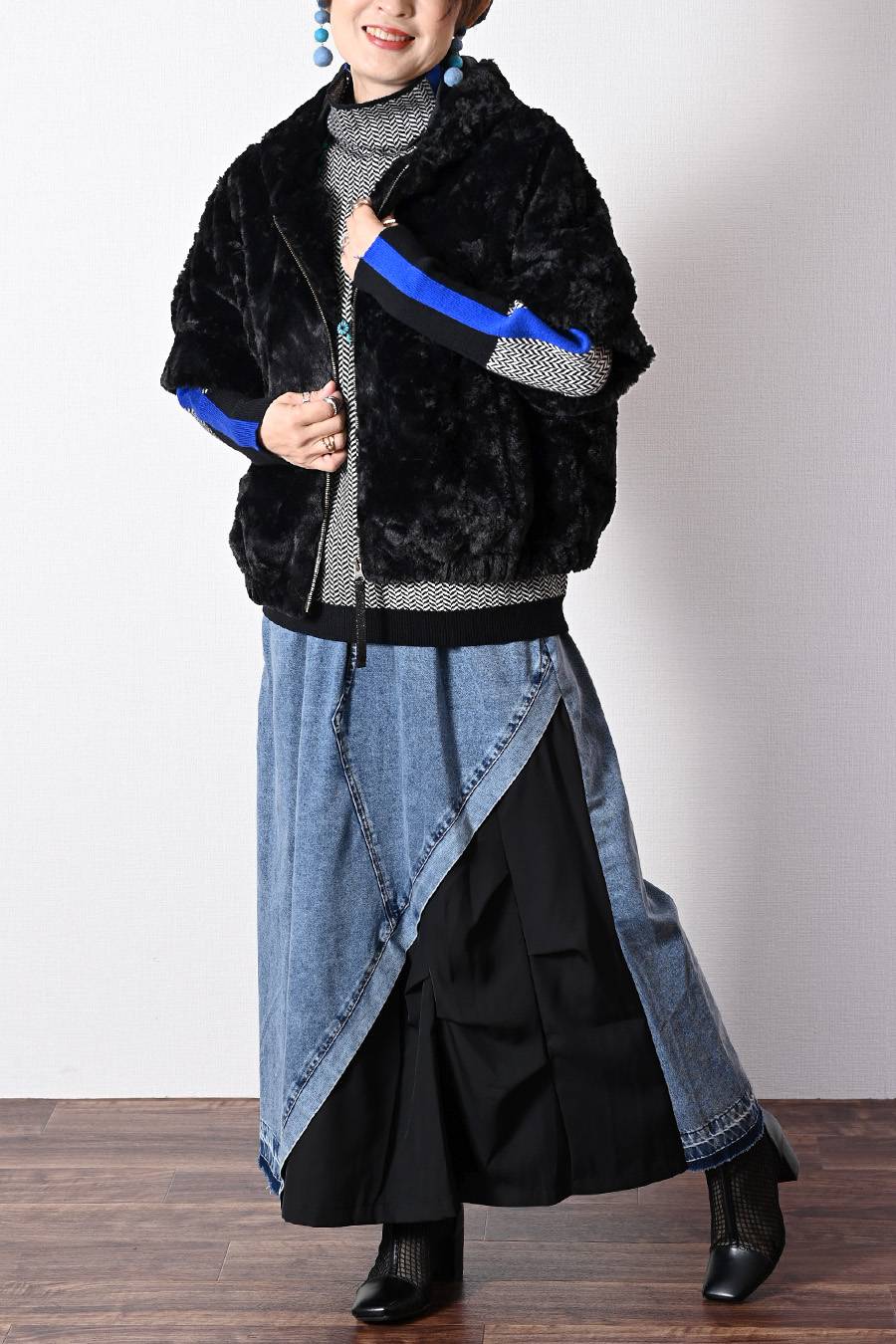 クラッシュファーフーデッド５分袖ジャケット