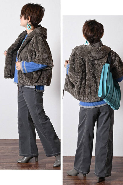 クラッシュファーフーデッド５分袖ジャケット