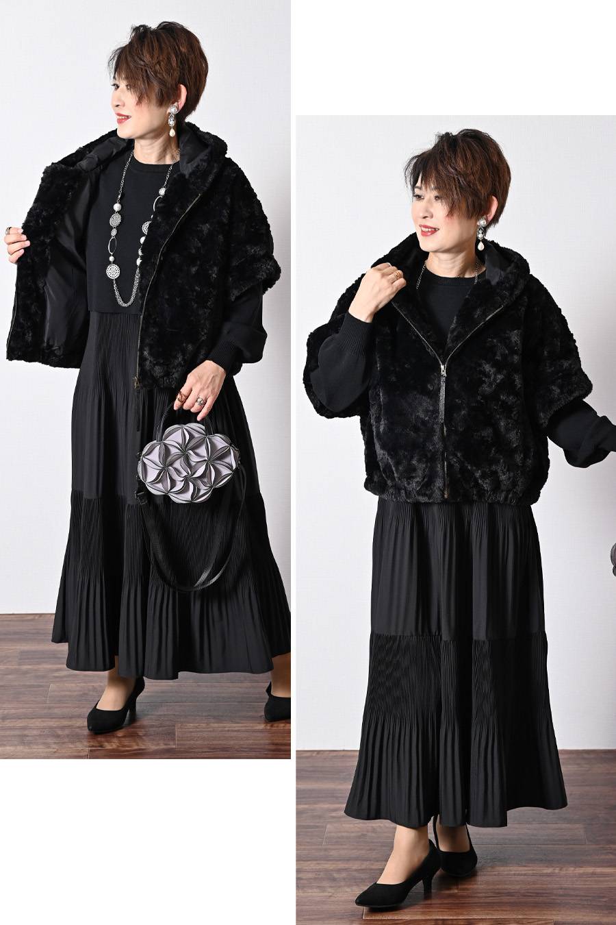 クラッシュファーフーデッド５分袖ジャケット