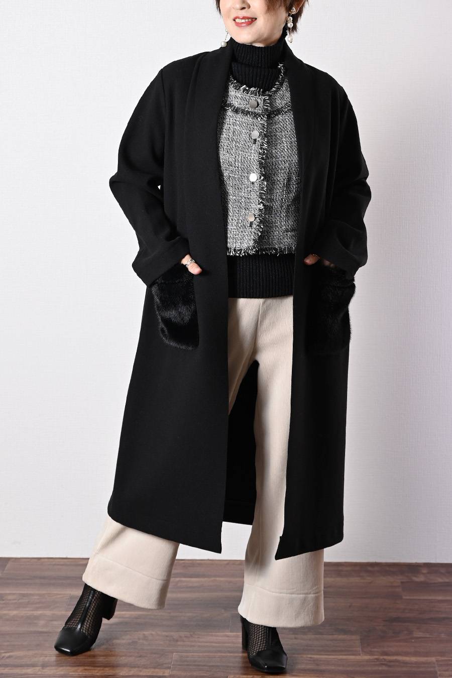 軽やかエコウール ファーポケットロングコート