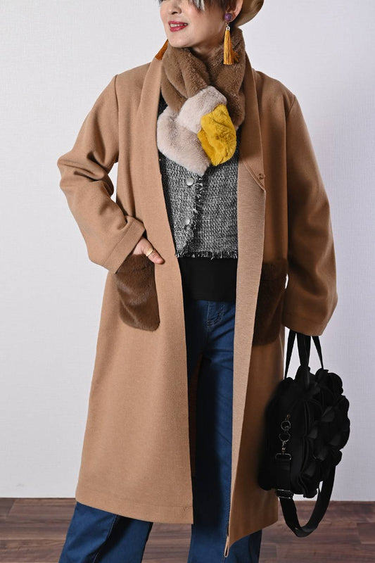 軽やかエコウール ファーポケットロングコート