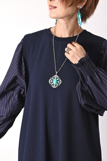 ターコイズ ＆シルバー ペンダントロングネックレス