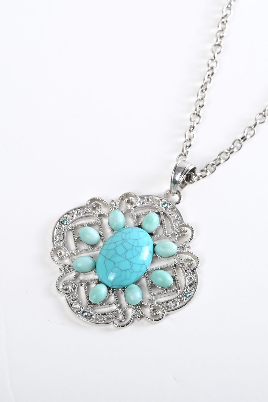 ターコイズ ＆シルバー ペンダントロングネックレス