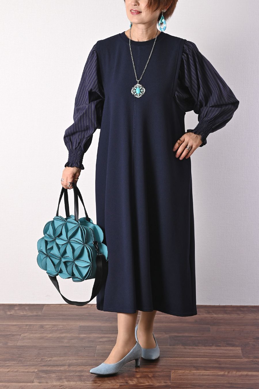 ターコイズ ＆シルバー ペンダントロングネックレス