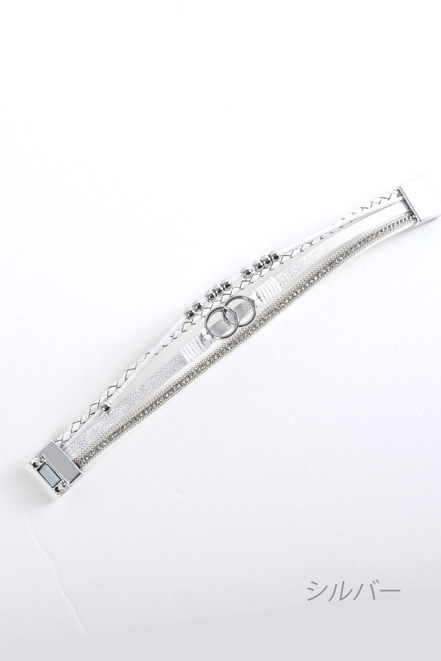 キラキラ ラインストーン ゴールド＆シルバー レザーブレス 合成皮革