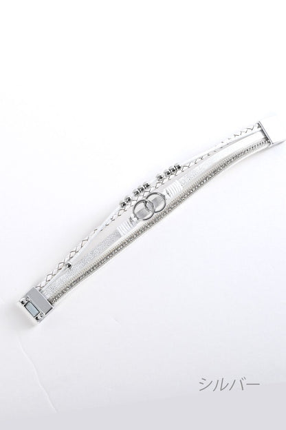 キラキラ ラインストーン ゴールド＆シルバー レザーブレス 合成皮革