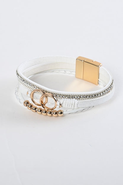 キラキラ ラインストーン ゴールド＆シルバー レザーブレス 合成皮革