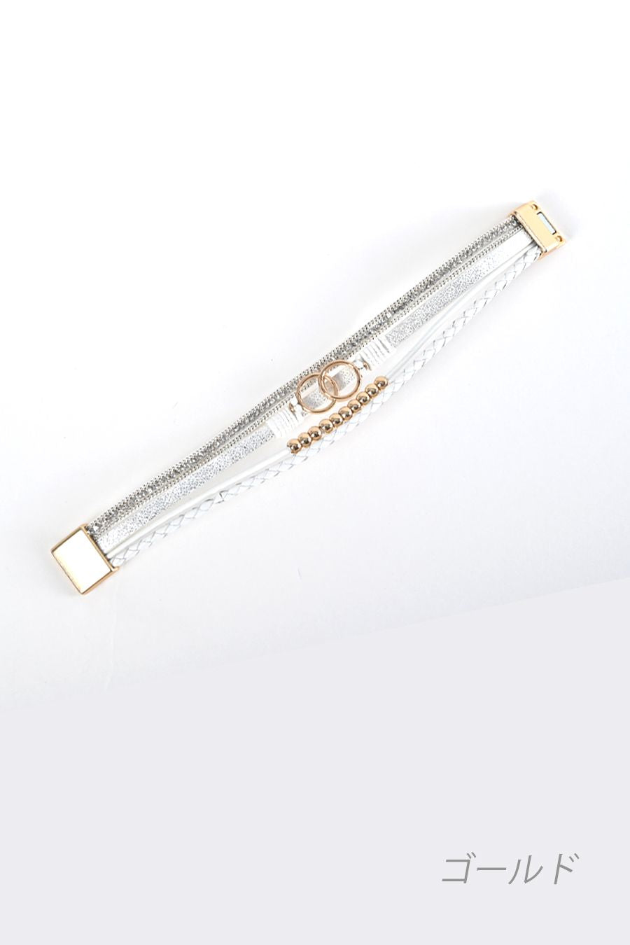 キラキラ ラインストーン ゴールド＆シルバー レザーブレス 合成皮革