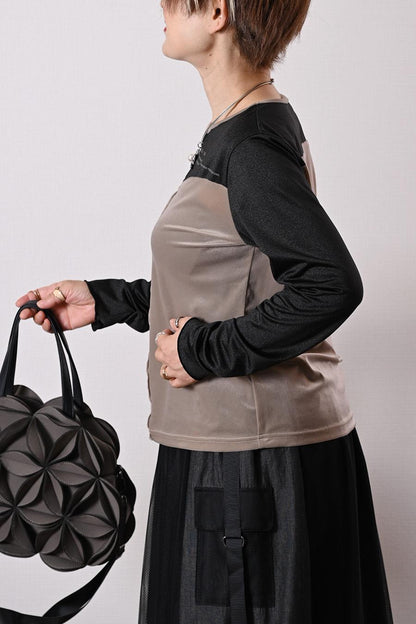 優美なビスチェライン！センターシーム ベロア ✕ ジョーゼットストレッチレイヤード風トップス