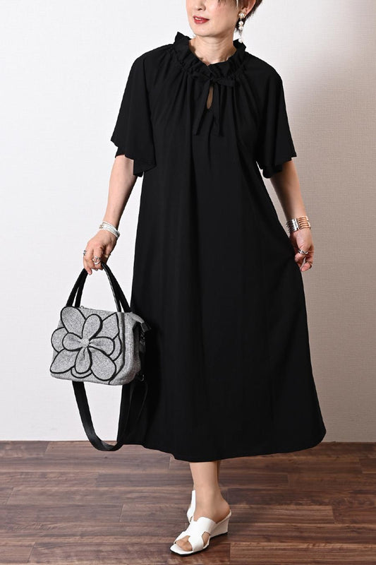 【50％OFF】TIME SALE：顔周りを華やかに彩るクチュール感！ギャザーネック・フレアスリーブワンピース