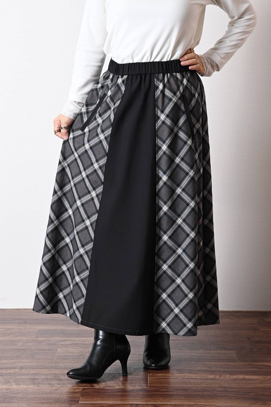 広がりすぎない美ライン！バイヤスチェック×無地 フレアスカート